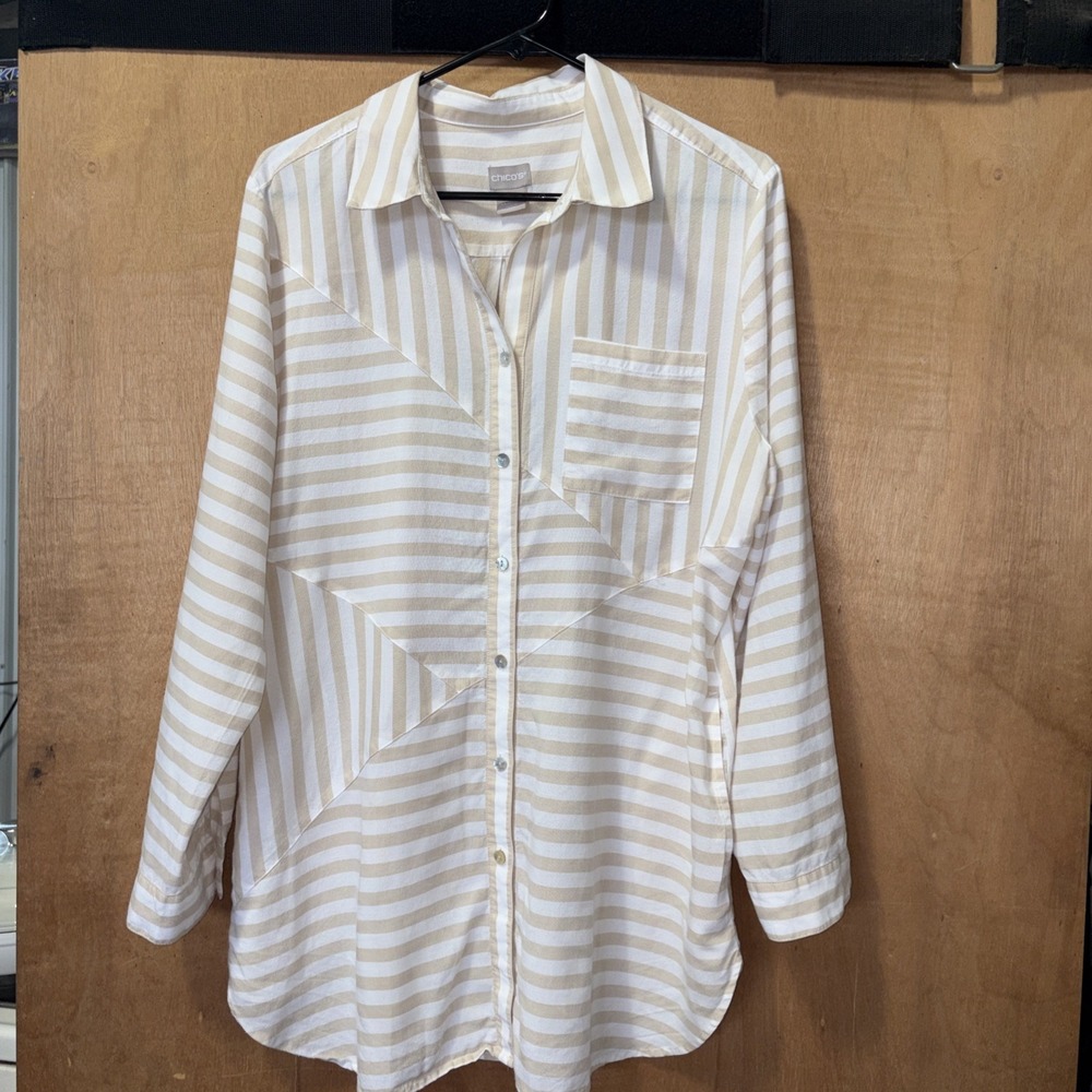 Chicos‎ Tan and Multi-Pattern Stripped Button-Up Shirt Size 2 With Pockets